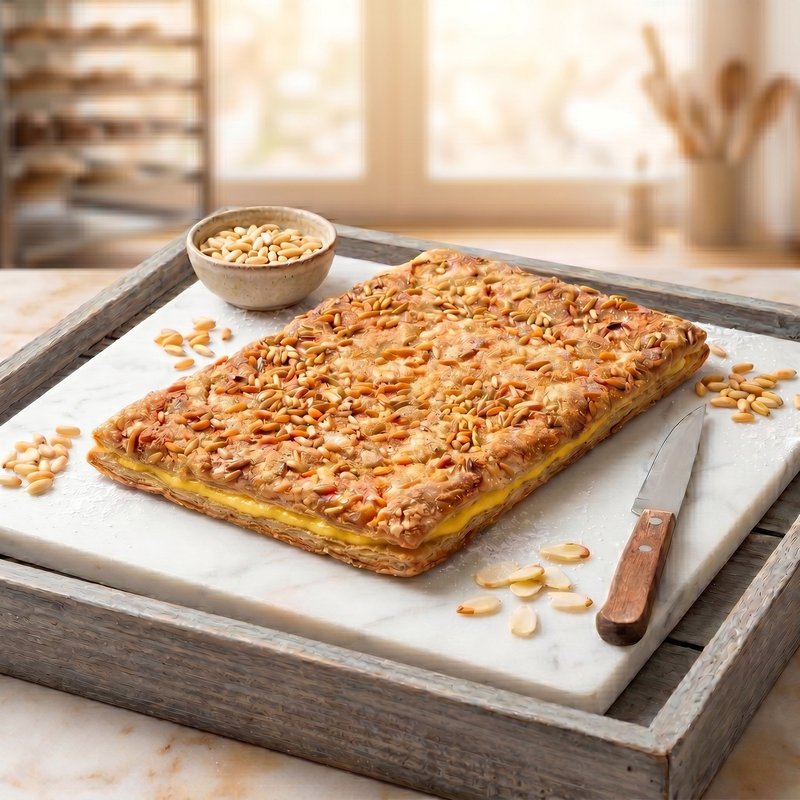 Coca Hojaldre Crema Piñón y almendra 1kg